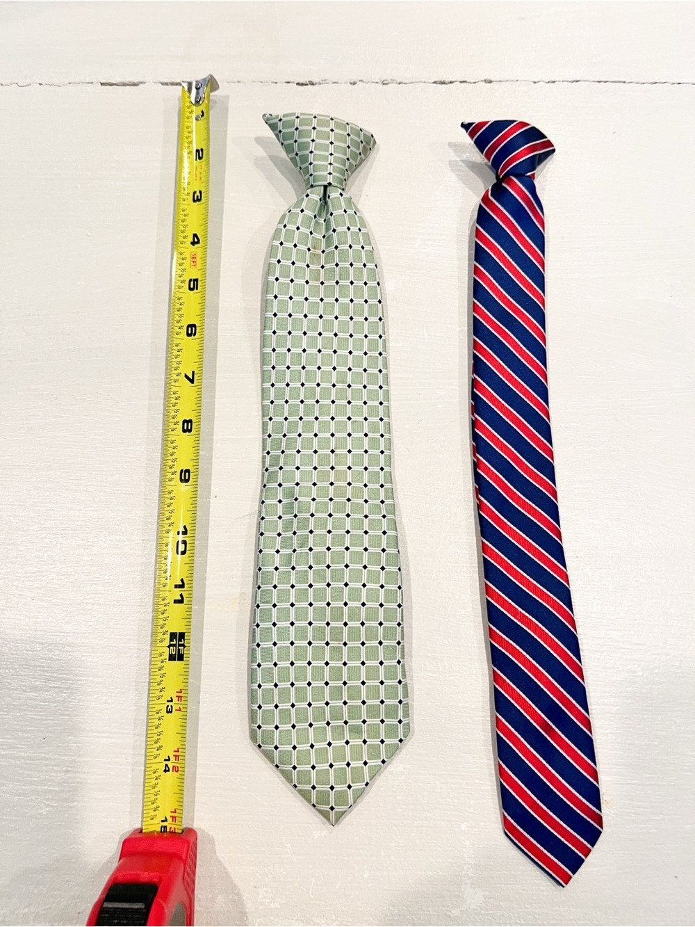 Bundle of 2 boys clip on Classic ties green geometric and navy/red stripe
